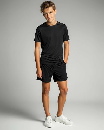 Image of Real Essentials 5 Pack: Boys Breeze Tech Dry-Fit Short Sleeve Athletic T Shirt Active Workout Gym Kids Youth