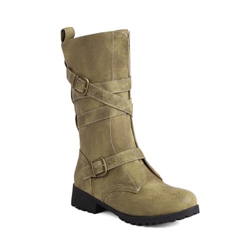 Women's Mid Calf Cowboy Boots Wide Calf Fit Round Toe Low Heel Pull-On Biker Style with Buckle for Winter and Party Wear