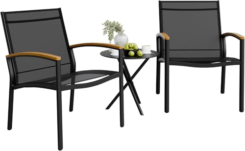 Shintenchi 3 Pieces Patio Bistro Sets, Outdoor Textilene Fabric Conversation Bistro Set, Textilene Fabric Front Porch Chairs Small Patio Furniture Set with Table for Lawn,Garden,Balcony (Black) by Shintenchi - Used condition - CA$113.05