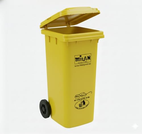 Image of Milan Plastic Manual-Lift Garbage Waste Dustbin with Wheels 120 Ltr Yellow