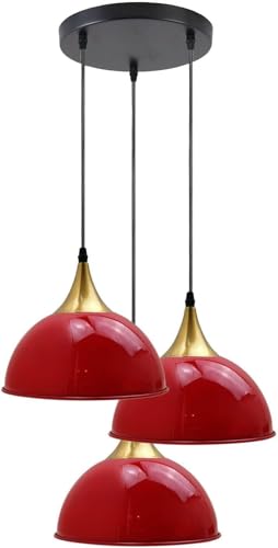 LEDSone Industrial 3 Head Ceiling Pendant Light Red 21 Cm Dome Lampshade with Adjustable Cable and E27 Socket for Dining Room, Kitchen Island, Bedroom, Hallway