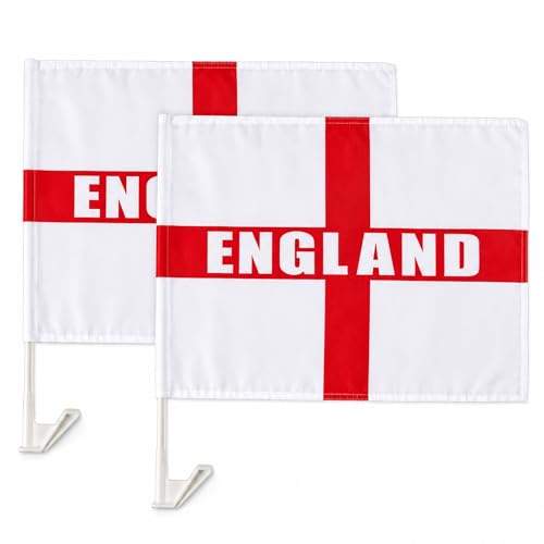 Image of England Car Flags | Football World Cup 2026 St George Cross Window Flags | Pack of 2 England Supporter Car Flags with Window Poles for Match Days, Tournaments & Celebrations