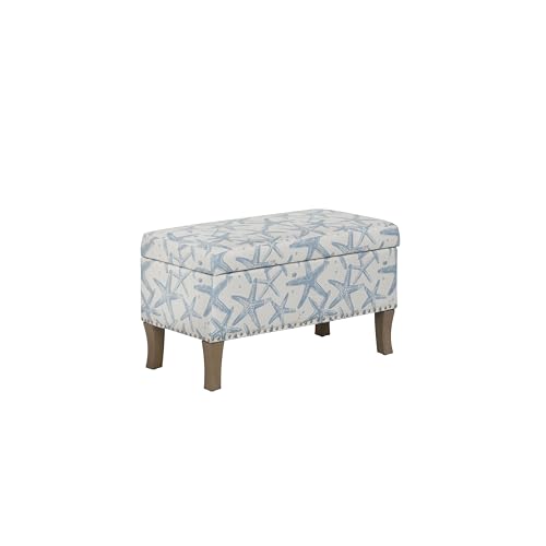 Linon Stephanie Cream and Light Blue Starfish Fully Upholstered Bench with Hidden Interior Storage