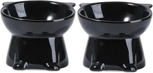 Riuuyyi 猫 食器 フードボウル 犬 食器 吐き戻し防止 陶器 猫えさ 皿 食べやすい 猫 水飲み皿 餌入れ ペットボウル 食事 皿 ペット用品 食器洗浄機 対応 (ブラック*2個)