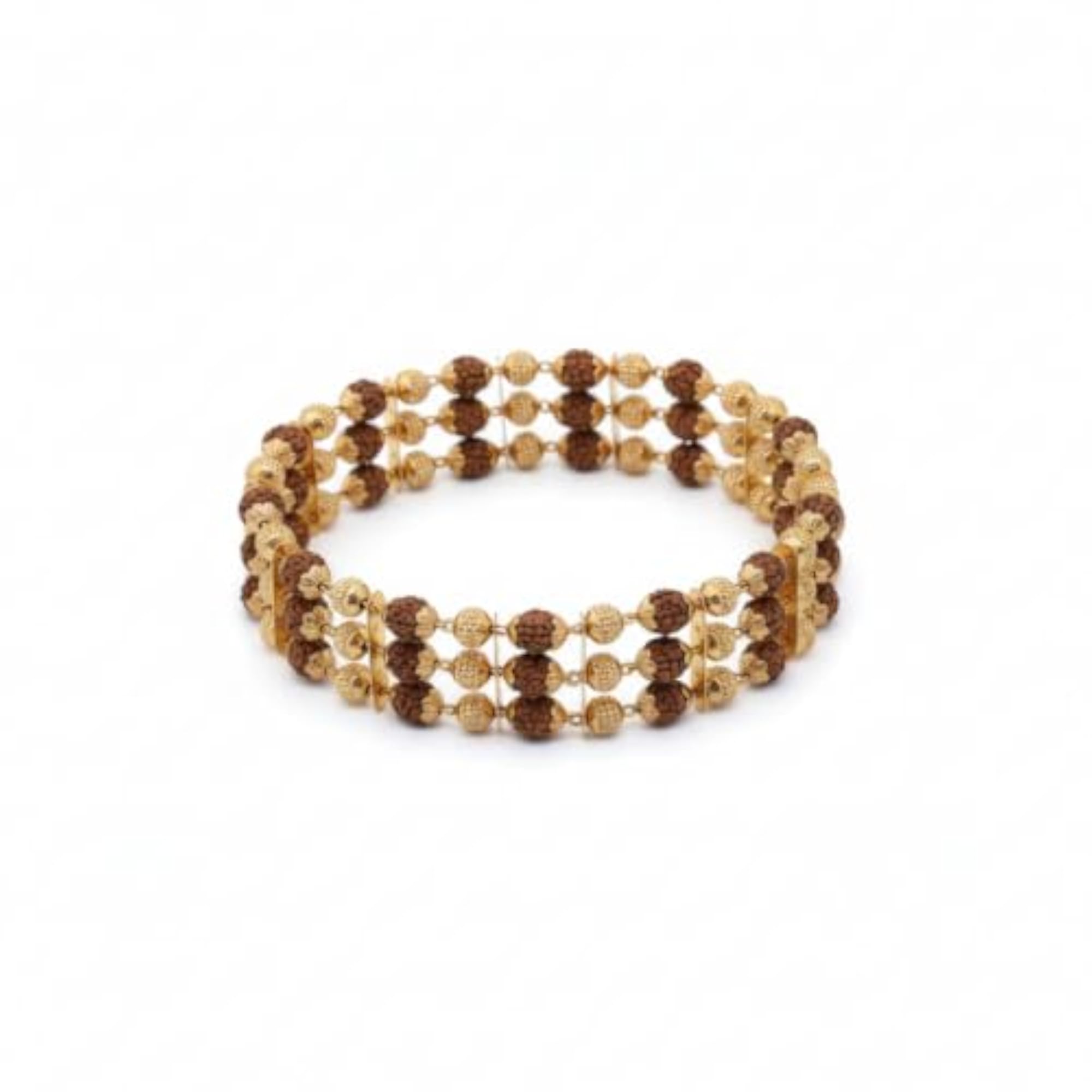 3 Line Gold Plated Rudraksha Bracelet, Brown Fancy Design