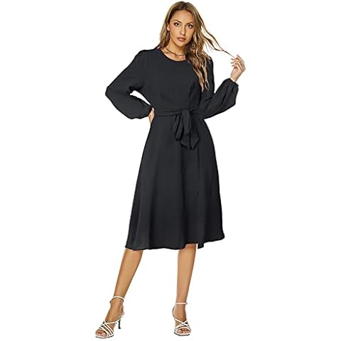 ROYLAMP Women's Fall Floral Dress Long Sleeve Crew Neck Belted Split Hem Swing Casual Midi Dresses, Black, Large Cover
