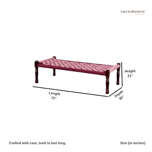 Image of Solid Sheesham Wood Charpai Khat | Handcrafted Daybed Khatiya Charpai with Cotton Rope | Traditional Khat Bed Wooden Diwan Cot for Living Room | 6X3 Feet | Red and Light Pink