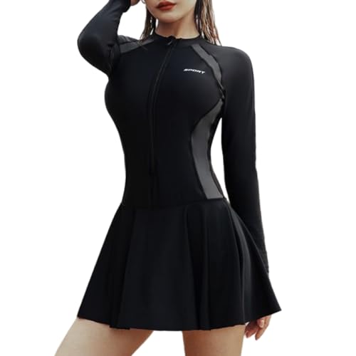 Women Front Zippered Rashguard Swimsuit Long Sleeve Rashguard Swimsuit Swimdress with Boyshorts Surfing Bathing Suit