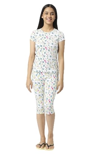 Image of SINI MINI Round Neck with Half Sleeve Top & Capri Beige Girls Casual Pack of 1 Night Suit Set