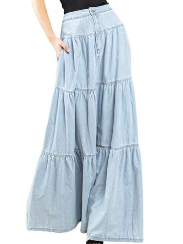 ebossy Tiered Flared Long Jean Skirts for Women Denim Ruffle Pleated High Waist Maxi Cascading Skirts with Pockets