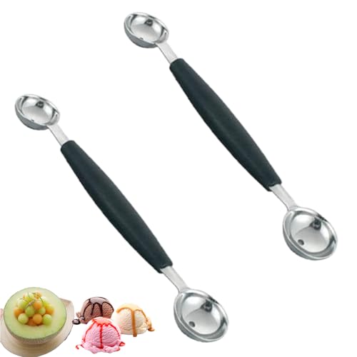 Peixiong 2Pcs Stainless Steel Melon Ballers, Double-sided Fruit Icecream Spoon, Black, 18cm, 2 Sizes for Watermelon/Ice Cream/Fruits/Sorbet/Meatball