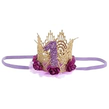 1st Birthday Tiara Headband for Baby Girl - Glitter Number Tiara, Flower Headband, Toddler Infant Kids Purple Hat