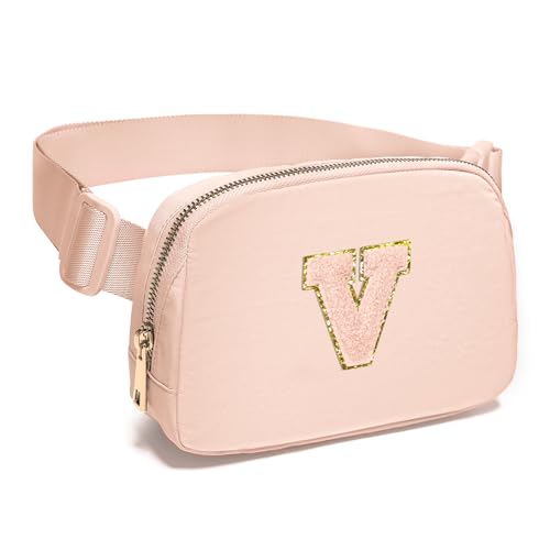 Image of Gitus Gifts for 8 9 10 11 12 Year Old Girls Belt Bag Fanny Pack Crossbody Bags with Initial Letter Patch Cute Stuff Birthday Gifts for Teen Girls Women Personalized Trend Stuff (Coral Pink-V)