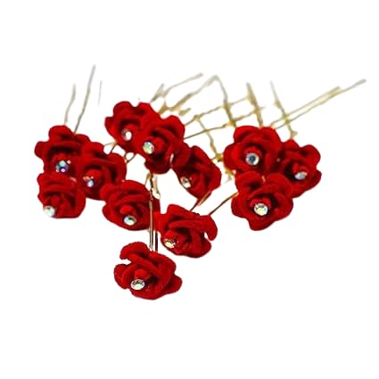 Red Artificial Bridal Hair Style Accessories Beauty Jura Pins For Hair Flower Fancy Bun Metal Rose Hair Accessories/Fancy Bun Decoration/Juda Pins Women And Girls Pack Of 6-image-28