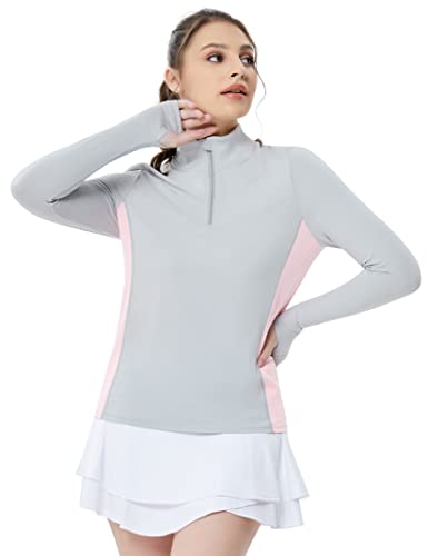 Kojooin Women Polo Shirts Quick Dry Golf Tennis Shirt Half Zip Pullover Fitness Yoga Tops(Grey+Pink S) #TOP2