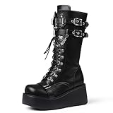CSRZPMG Women's Knee High Goth Platform Buckle Boots Round Toe Chunky Heel Punk Motorcycle Mid Calf Combat Boot Lace Up Wedge Boots