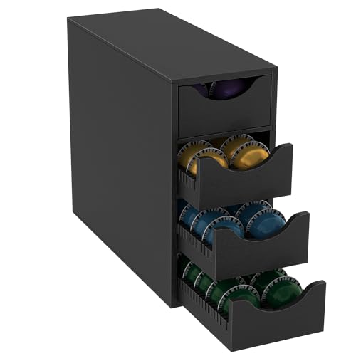 Suli Portacápsulas de café para cápsulas organizador de cápsulas, estante de almacenamiento con cajón, 4 niveles, 104 cápsulas, negro