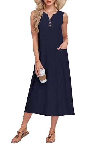 MOLERANI Beach Sundress Sleeveless Button Down Midi Dress with Pockets Summer Dress for Women 2026 Long Casual Vacation, Navy Blue, M