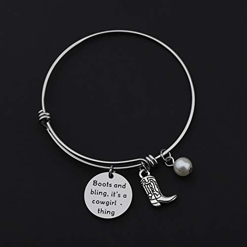 Bekech Cowgirl Jewelry Boots And Bling It's A Cowgirl Thing Bangle Bracelet With Western Wild West Cowgirl Texas Boot Charm Equestrian Gift Horse Lover Gift (Silver) #TOP3