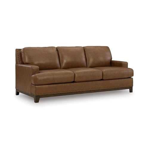 Image of Signature Design by Ashley Leather Couch, 90 in, Amber Brown, Brendola | Premium top grain leather, Matching faux exterior, Anti-sag platform foundation, Nailhead trim, No assembly required