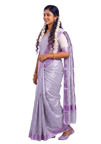Image of Kerala Traditional Tissue Saree for Women with Running Blouse | South Indian Ethnic Saree for Weddings Onam Vishu Temple Wear & Festivals