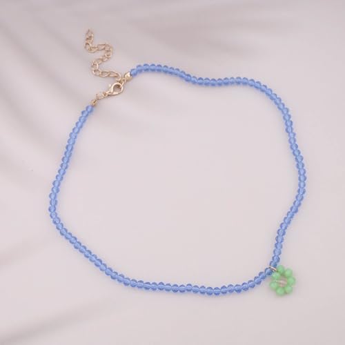 Iaceble Colar gargantilha de contas boho com pingente de flor, colar de corrente de contas azul, col