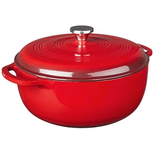 Lodge 7.5 Quart Enameled Cast Iron Dutch Oven with Lid – Dual Handles – Oven Safe up to 500° F or on Stovetop – Use to Marinate, Cook, Bake, Refrigerate and Serve – Island Spice Red