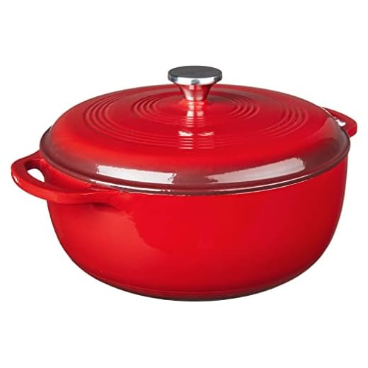 Lodge 7.5 Quart Enameled Cast Iron Dutch Oven with Lid – Dual Handles – Oven Safe up to 500° F or on Stovetop - Use to Marinate, Cook, Bake, Refrigerate and Serve – Island Spice Red