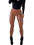  Minetom Femmes Sexy Taille Haute Moulante Élastique Leggings Cuir PU Crayon Slim Collants Sport Danse Basique Pantalon Skinny Pants Y1 Marron 3XL