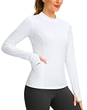 SANTINY Long Sleeve Thermal Shirts for Women Fleece Mock Neck Tops Winter Workout Running Gear with Zipper Pockets(White_M)