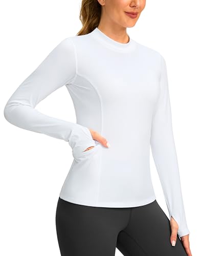 SANTINY Long Sleeve Thermal Shirts for Women Fleece Mock Neck Tops Winter Workout Running Gear with Zipper Pockets(White_M)
