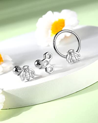 Melighting 3Pcs Bee Cartilage Earrings 316L Surgical Steel 16G Septum Jewelry Helix Earrings Honeycomb Tragus Earring Stud For Women Daith Piercing Conch Earring #TOP4