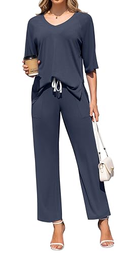 Image of difficort 2 Piece Lounge Sets for Women Summer Outfits Vacation Loungewear | Knit Raglan Short Sleeve Wide Leg pant with Pockets