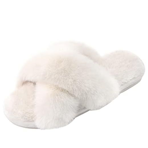 Women's Cross Band Slippers Fuzzy Soft House Slippers Plush Furry Warm Cozy Open Toe Fluffy Home Shoes Comfy Indoor Outdoor Slip On Breathable Off-White 5-6