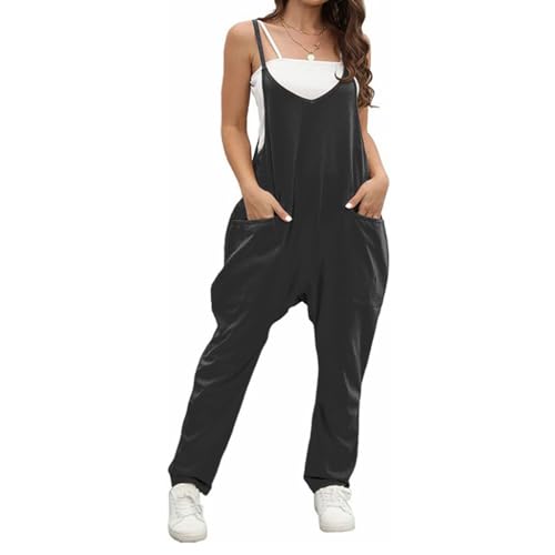 BRONG Latzhose Damen Sommer Ausgebeult Weites Bein Jumpsuit Lose Ärmellos Latzhose Frauen Lässig Einstellbar Lätzchen Hose Damen Overall Baumwolle Lang Hose Spielanzug Schwarz L