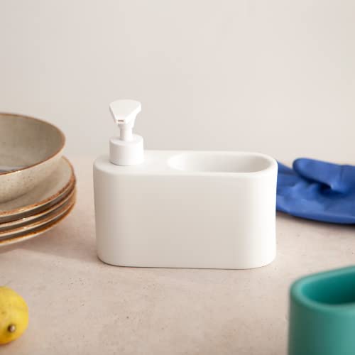 Kook Time Ceramic Soap Dispenser with Sponge Holder - Slim Kitchen Sink Organiser 500ml, Dispenser Matt White - Image 3