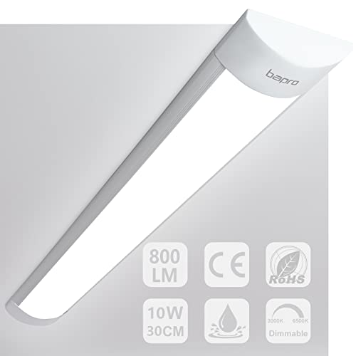 bapro 10W Reglette LED 30cm Dimmable, Neon LED 3000K/4000K/6500K, Néon Tube LED Plafonnier IP44 Etanche, Fluorescent Éclairage pour Cuisine, Atelier,Salle de Bain,Garage, Cave,Bureau Cover