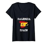 Mujer Retro Palencia España Bandera de España envejecida Camiseta Cuello V