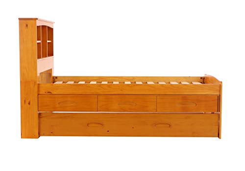 Discovery World Furniture Twin Bookcase Captains Bed with 3 Drawers and Twin Trundle, Honey