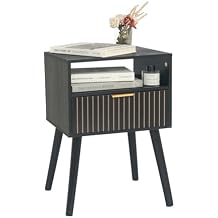MaxSmeo Black Nightstand with Drawer, Mid Century Modern Bedside Table with Open Shelf Storage, End Table with Solid Wood Legs, Black