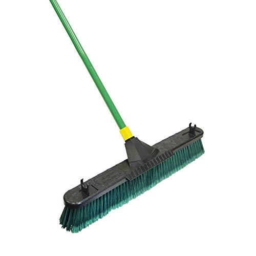 Quickie Bulldozer 24-Inch Multi-Surface Push Broom, Size: 60 Wood Handle with Swivel Hang-up Feature. 15/16-inch Diameter Handle, Green - with Scraper