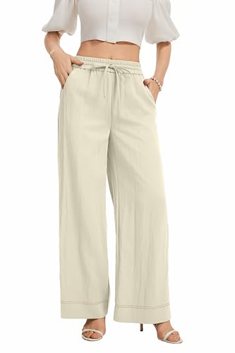 Image of KICZOY Women Flowy Pants Drawstring Waist Wide Leg Palazzo Beach Pants Loose Fit with Pockets