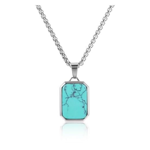 JSDDE Collier Petite Plaque Militaire en Acier Inoxydable pour Homme Coller Pendentif Dog Tag Rectangulaire en Pierre Naturelle Précieuse Chaîne Rolo Acier Bijoux Unisexes Simple (Turquoise)