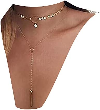 Anglacesmade Bohemia Layered Choker Necklace Gold Disc Choker Star Choker Lariat & Y Necklace Bar Pendant Necklace for Women and Girls (Silver)