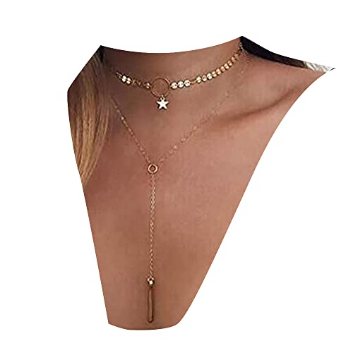 Anglacesmade Bohemia Layered Choker Necklace Gold Disc Choker Star Choker Lariat & Y Necklace Bar Pendant Necklace For Women And Girls (Silver) #TOP2