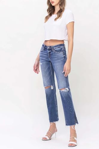 Flying Monkey - Low Rise Distressed Straight Jeans with Paint Speckle Detail/Split Hem - F52183