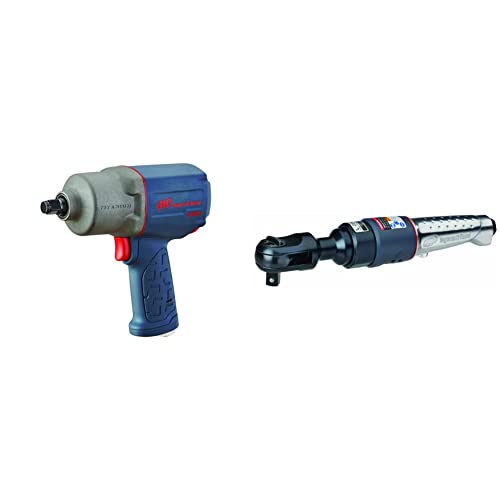 Ingersoll Rand 2235Timax 1/2” Drive Air Impact Wrench, Gray & 109Xpa 3/8” Drive Air Ratchet Wrench, 70 Ft Lbs Max Torque Output, 300 Rpm, 360 Degree Adjustable Exhaust, Silver/ Black #TOP7