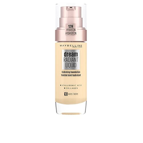 Maybelline New York Dream Radiant Liquid Tono 10 Ivory Base De Maquillaje Hidratante Con Ácido Hialurónico Y Cólageno, Para Pieles De Tono Claro - 30Ml