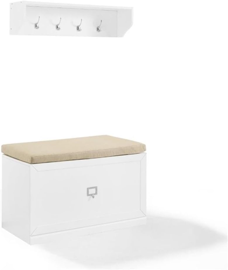 BOWERY HILL 2-Piece Entryway Set, Wood/Linen, White/Tan Finish, Includes Bench with Storage Drawer and Cushion, Shelf with Hooks, 74" H x 33" W x 16.5" D, Modular Design for Entryway Organization