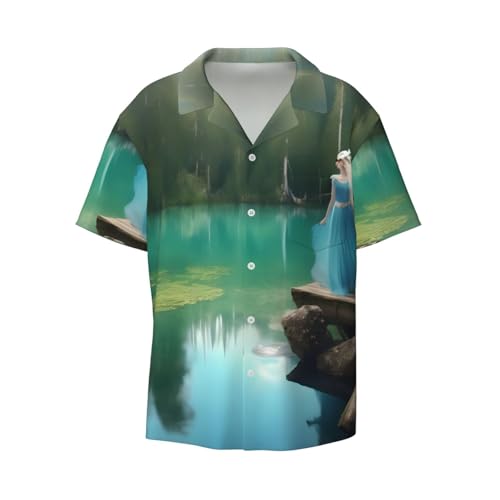Chemise boutonnée imprimée Lake Fairy avec poche coupe classique vêtement d'été homme